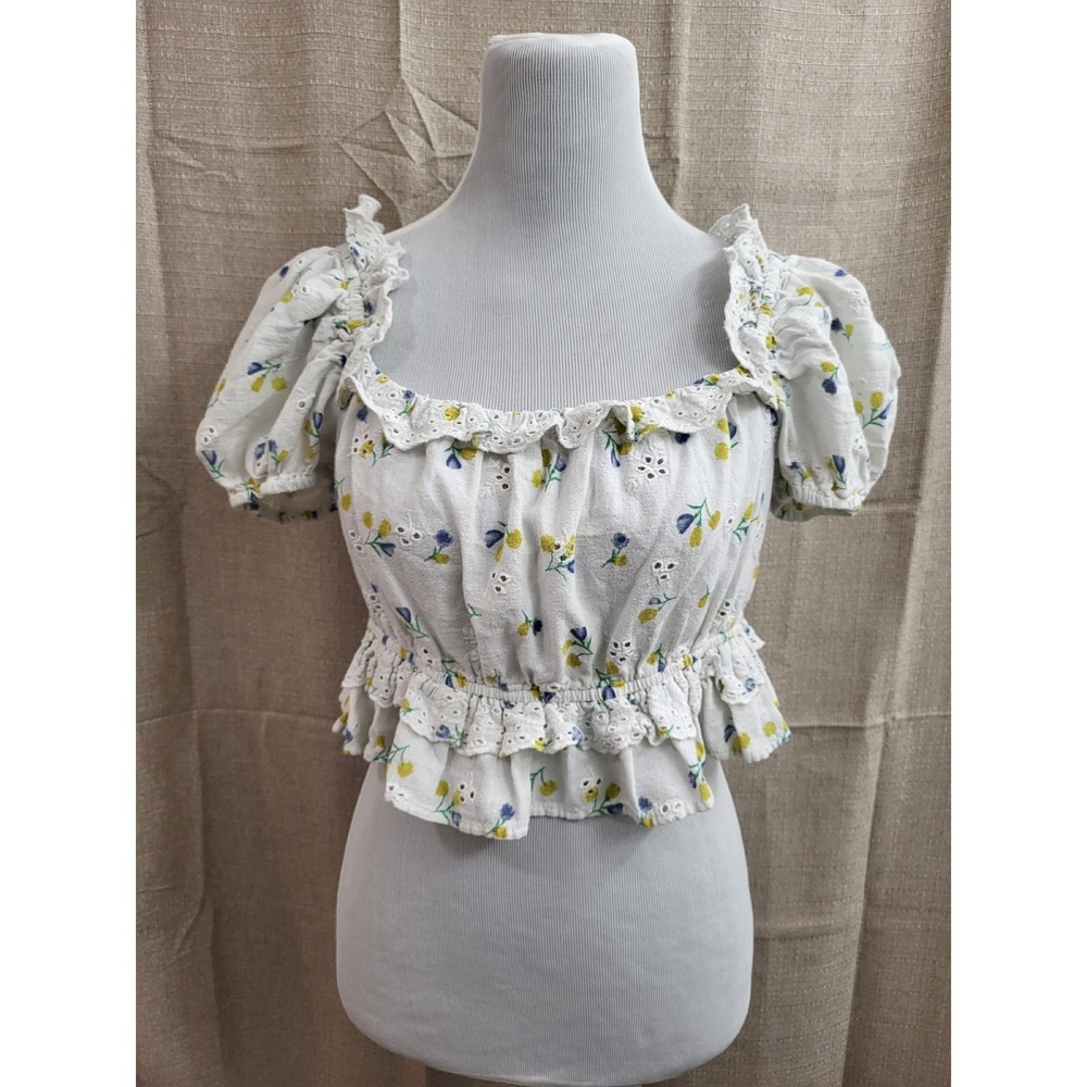 Zara White Yellow Floral Eyelet Smocked Crop Top Blouse Puff Sleeve Large